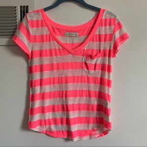 Abercrombie & Fitch Pink and White striped v neck t-shirt